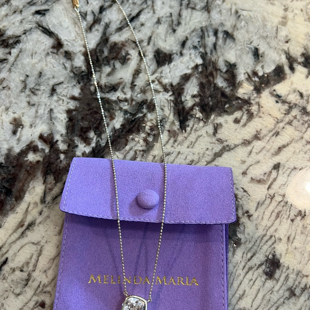 Melinda Maria Silver Necklace with Clear Pendant and Purple Pouch